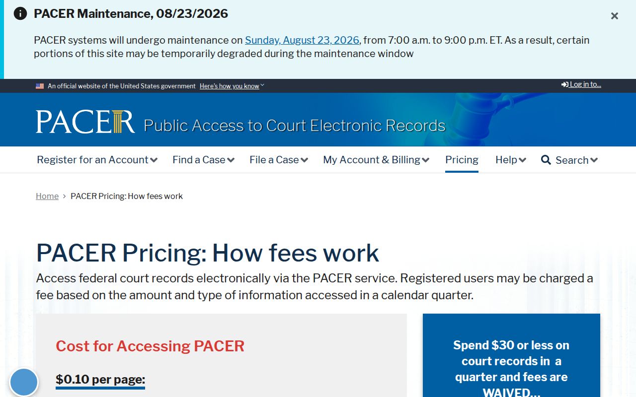 Turner County case search PACER pricing rules