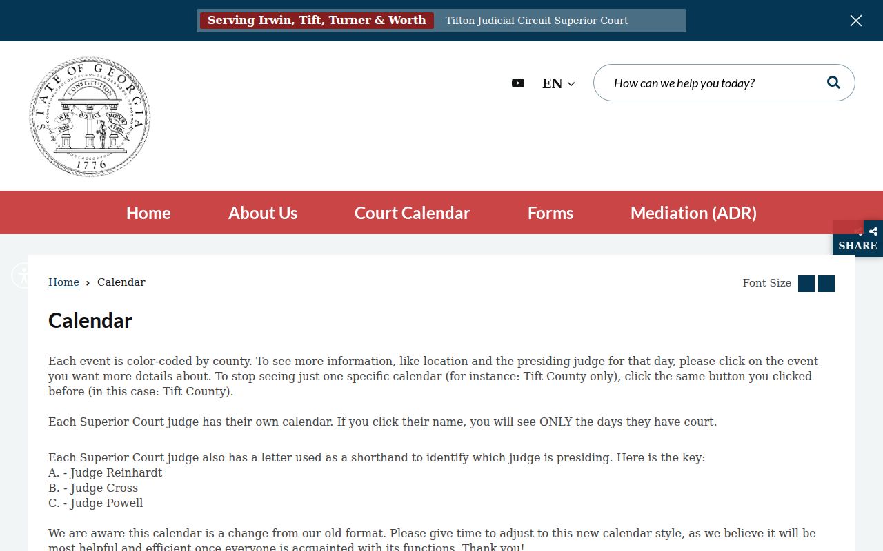 Turner County court calendar circuit filter controls