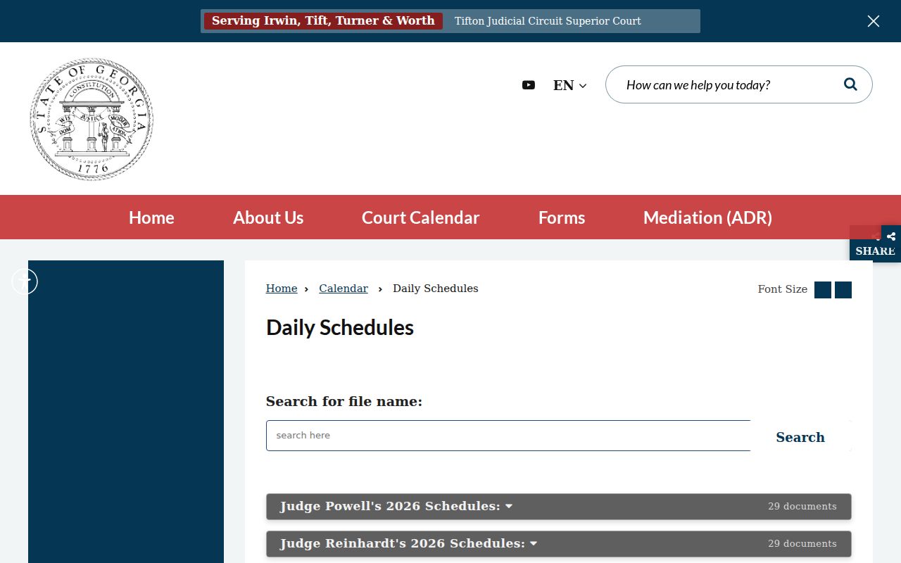Turner County court calendar daily schedule document center